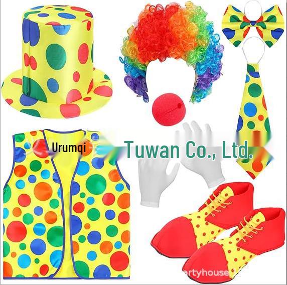 Colorful Clown Polka Dot Costume Set with Nose, Hat, Wig, Bow Tie, and Magic Props.