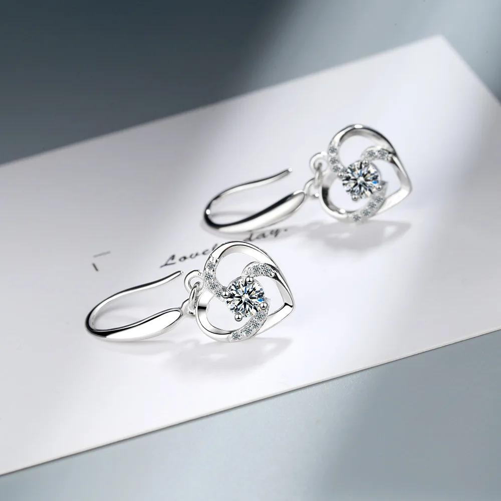 Fashion Female Earrings  Sterling SIlver Love Heart Shaped Pink CZ Zircon Earrings for Women Girls Pendientes Oorbellen