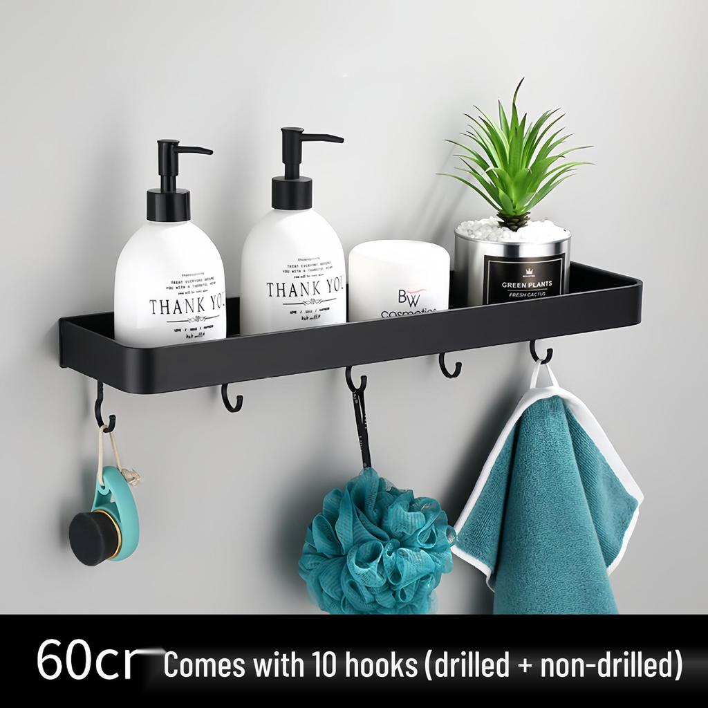 Black Space-Saving Aluminum Wall Shelf & Towel Rack - No Drilling Needed