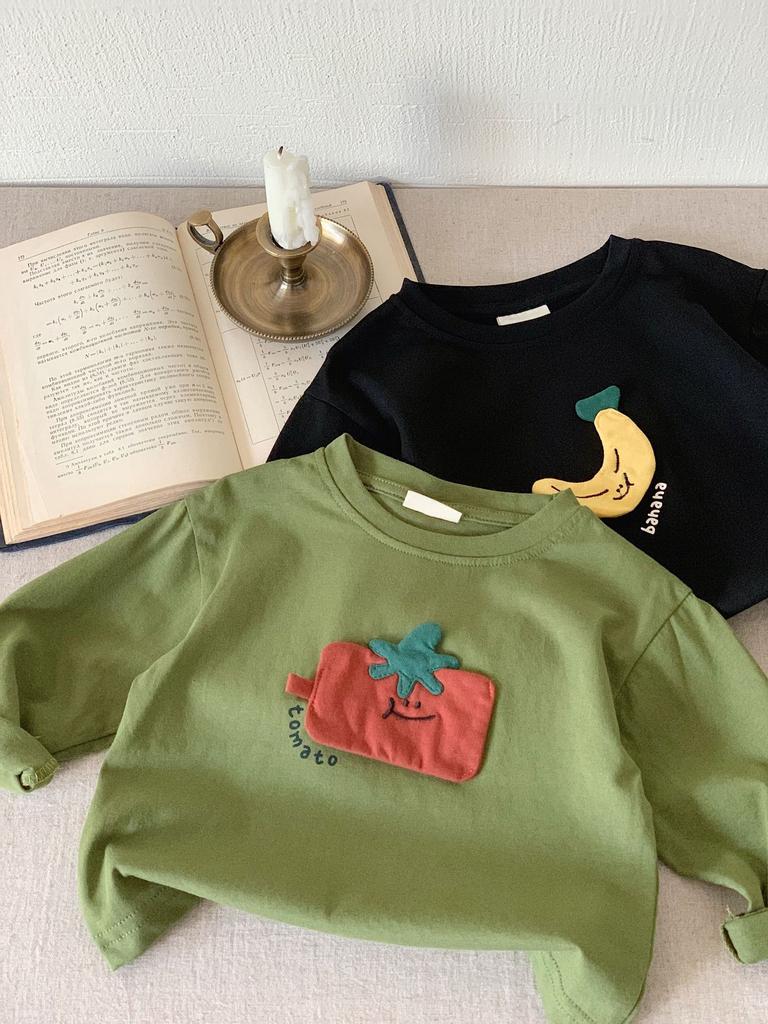2025 spring children's clothing Japanese T-shirt children's long-sleeved boys and girls three-dimensional sticker fruit bottoming shirt
