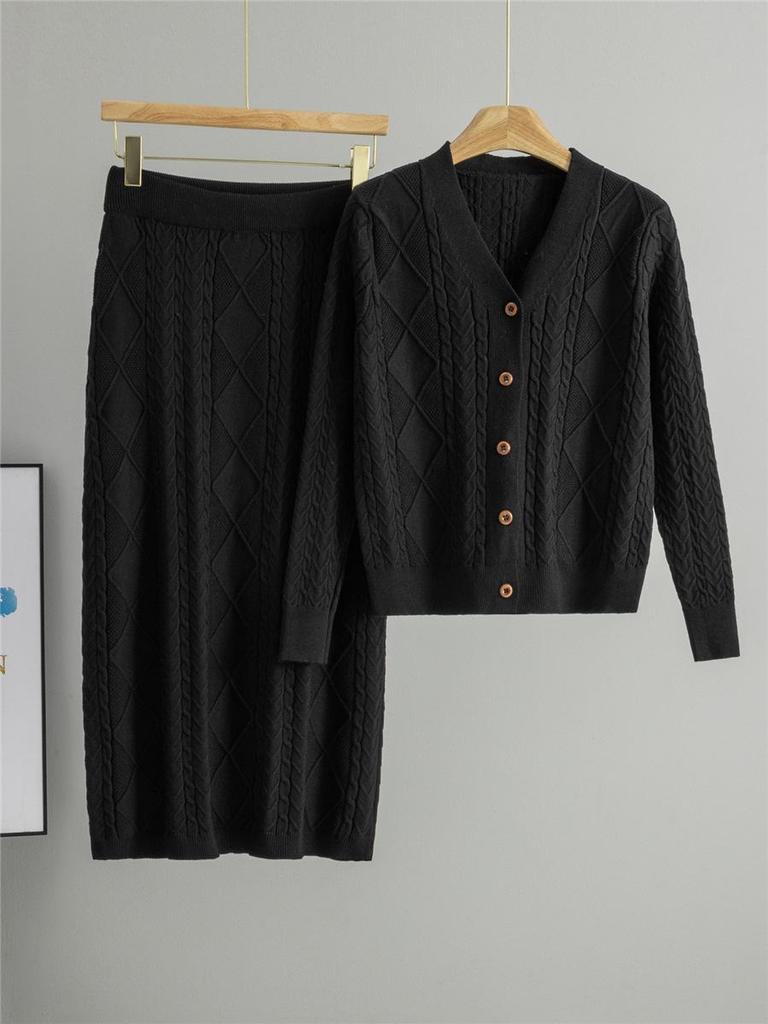Women's Retro Cable Knit Two-Piece Set: Cardigan & Long Skirt