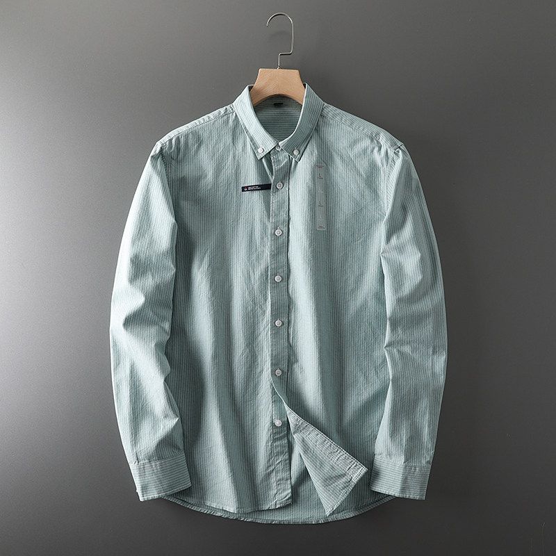 American-Style Long-Sleeved Export Striped Shirt Green L