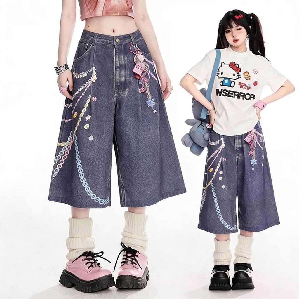 Summer Pleated Pockets Wide Leg Jean Shorts Retro Y2k Gyaru Streetwear Rainbow Chain Print Bermuda Pants for Women