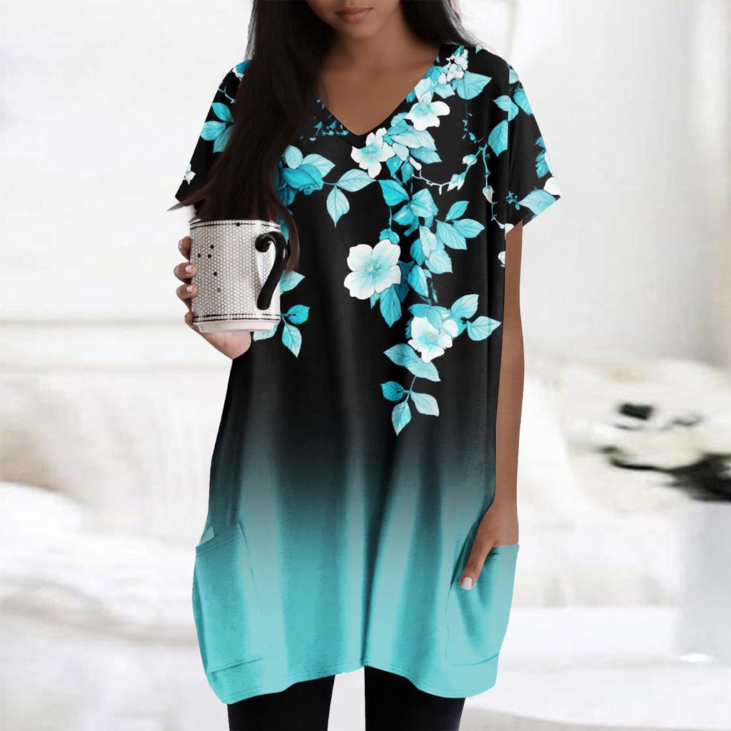 Womens Tops V-neck Short Sleeve Blouses Casual Mid-length Shirts Fashion Print Tunic Tops With Pockets