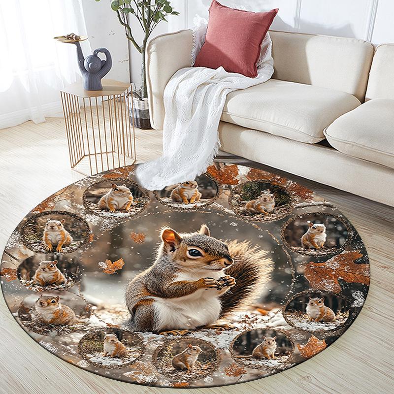 Squirrel Round Area Rug,Carpet Rug for Living Room Bedroom Sofa Playroom Decor,Non-slip Floor Mat