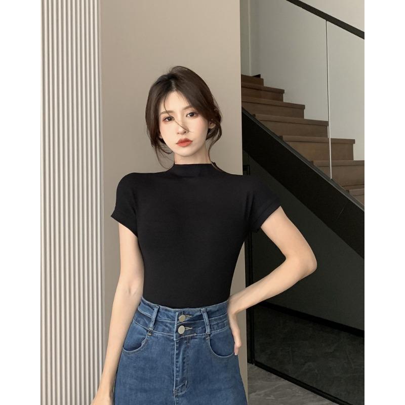 

2025 summer slim slimming minimalist style short-sleeved T-shirt women XXL чорний