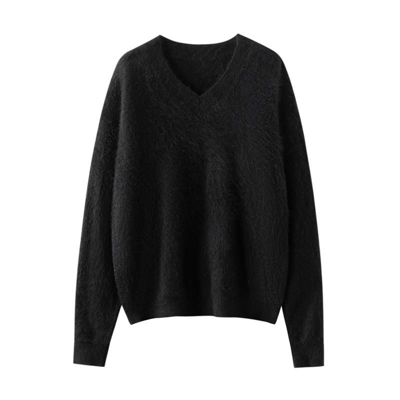 Versatile Cashmere Silk V-Neck Brushed Solid Color Loose Knit Pullover Sweater