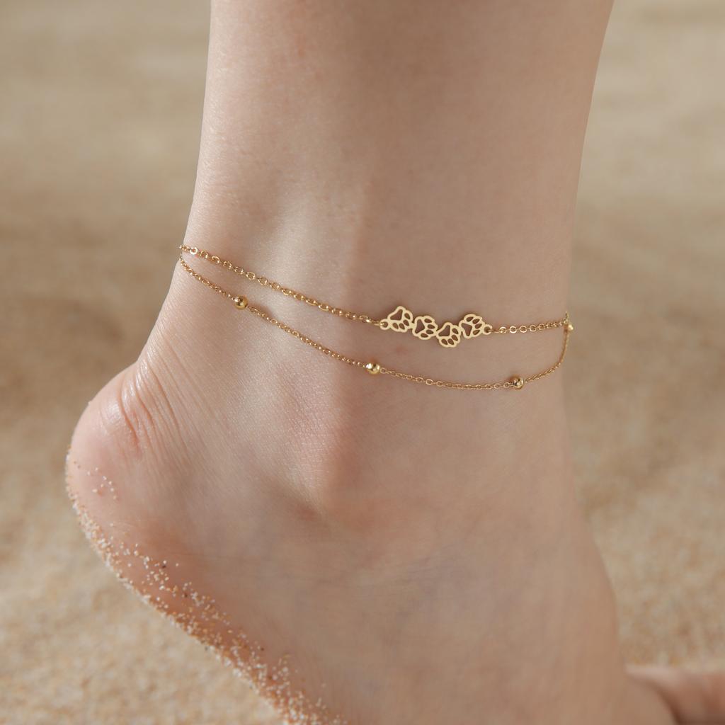 Cazador Animal Cat Dog Paw Anklets for Women Stainless Steel Double Layer Beads Foot Bracelet on the Leg Summer beach Jewelry