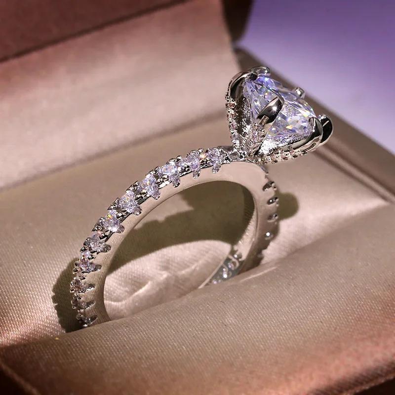 Luxusní stříbrný třpytivý prsten s velkým zirkonovým kamenem pro ženy Zásnuby Svatba Večírek Dámská móda Bijoux