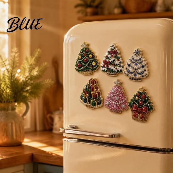 Faux Pearl Painting Magnet 6Pcs DIY Fridge Magnet Santa Snowman Stocking Tree Refrigerator Crafts Gingerbread Snowflake Handmade Rhinestone