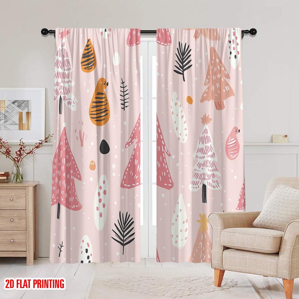 2 szt., druk płaski 2D Tkanina zasłonowa Choinki Gwiazdy (2) Wszechstronna tkanina poliestrowa (bez pręta) Dekoracje do użytku wewnętrznego