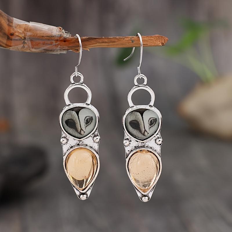 Vintage Owl Design Synthetic Gems Inlaid Dangle Earrings Bohemian Party Style Alloy Jewelry Creative Female KTJ