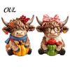 Wooden Base Ornament 2PCS Highland Cow Ornament, Rustic Style Figurine, Thanksgiving Sculpture Theme Wood Art, for Entrance Living Room Decor