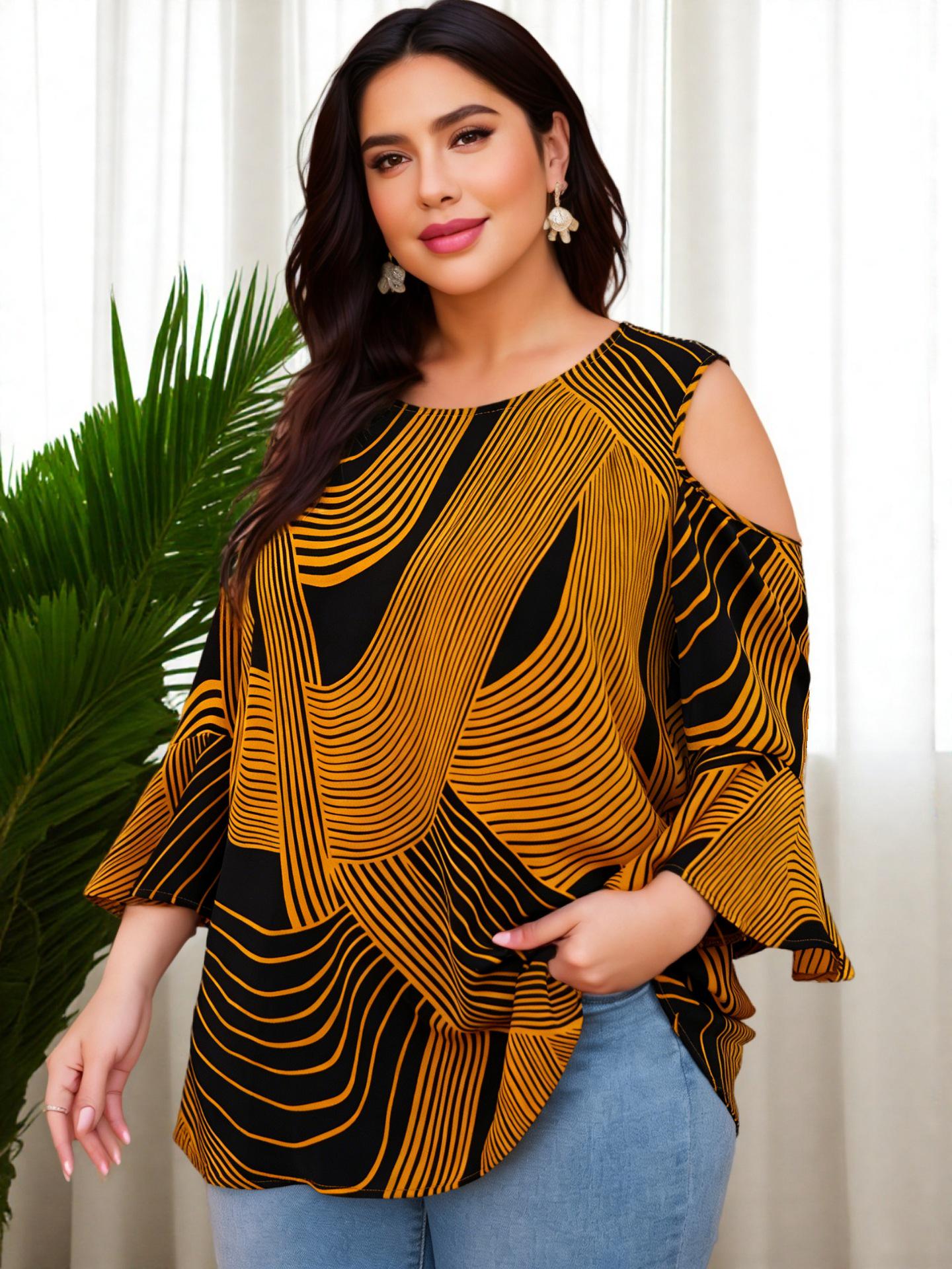 Middle Eastern Plus Size Off-Shoulder Striped Flare Sleeve Loose Top 4XL