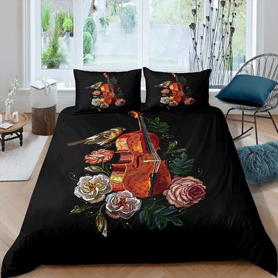 Geige Königin König Bettbezug Blumen Rosen Bettwäsche Kollektion Saiteninstrumente Deckenbezug Mode Musik Polyester Steppdeckenbezug