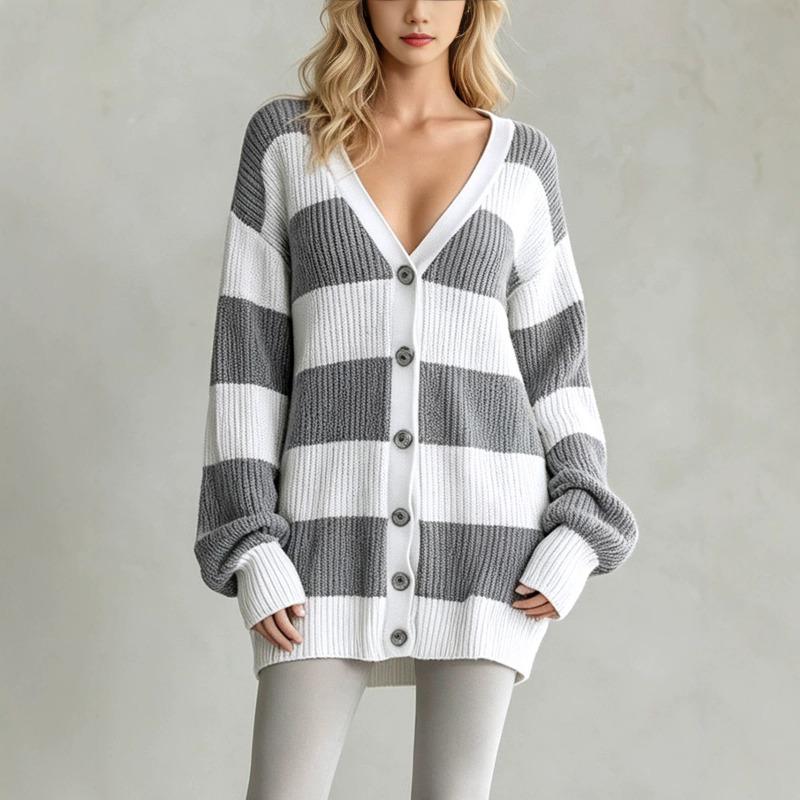 Women's clothing autumn and winter new lazy wind striped knitted sweater long-sleeved breasted cardigan sweater jacket