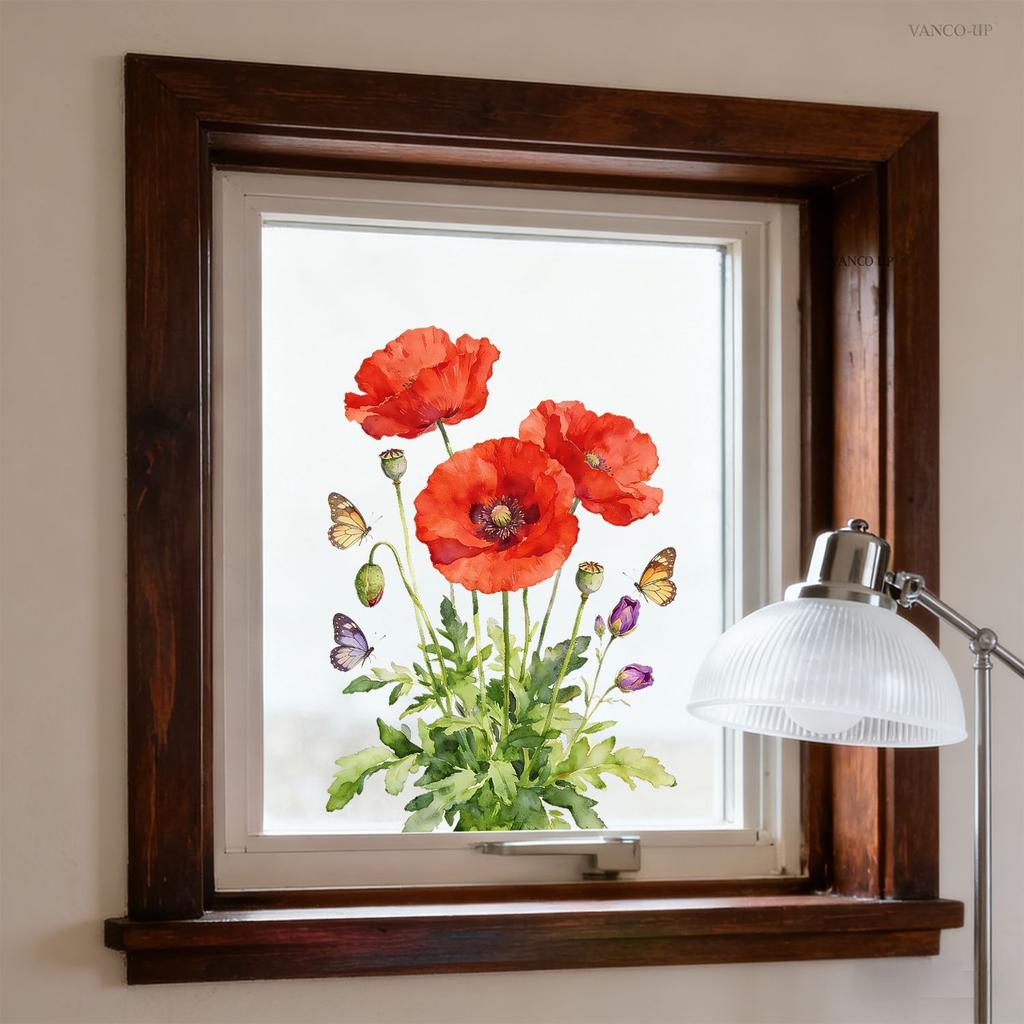Creative Poppy Flower Butterfly Static Cling Window Sticker for Bedroom Living Room Balcony Glass Decor