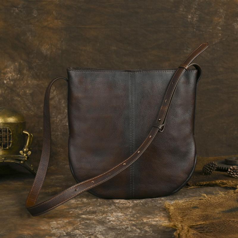 

European and American Trend Retro Top Layer Cowhide Crossbody Women s Shoulder Bag, Leather Crossbody Versatile, Simple and Casual Bucket Bag