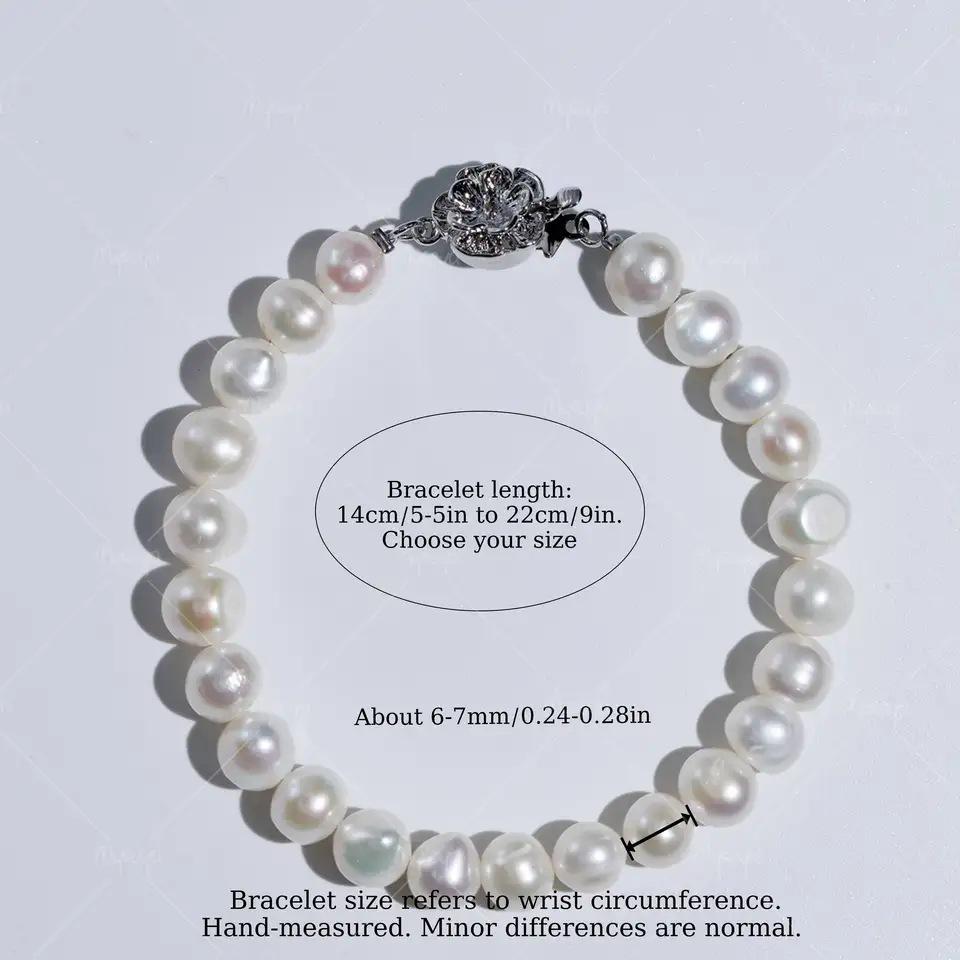 MYSOYA White Freshwater Pearl Bracelet with Silver Flower Clasp (6-7mm) C541 14 cm