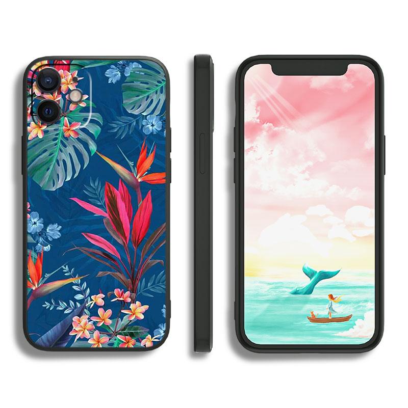 Bunte Blumenblätter für Apple iPhone 11 12 13 Max Mini 7 8 X XR XS Pro Plus Schwarze Luxus-Silikon-Softphone-Hülle