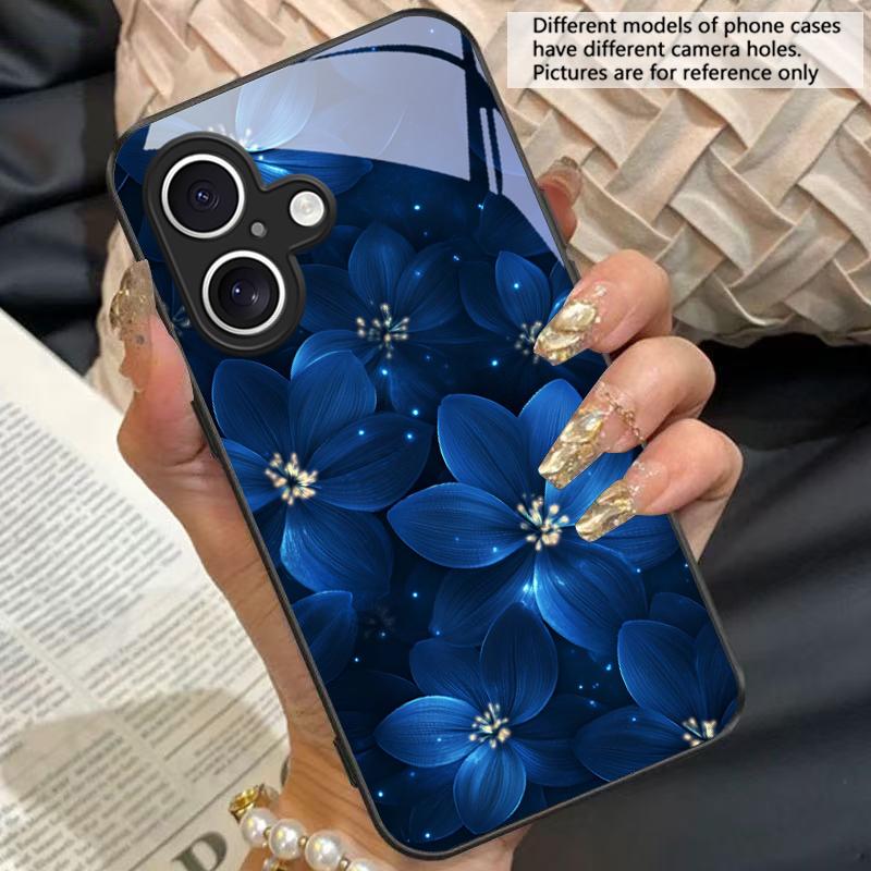 Blue and White Flowers For Apple iPhone 16E 16 E 11 13 15 P Ro 14 Pro Max 12 Mini 7 8 Plus XS Black Tempered Glass Phone Case