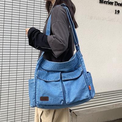 Džínová taška, nová letní korejská jednoduchá čtvercová 100% bavlna, pevný zip, měkká ležérní velkokapacitní taška přes rameno, jednoduchá