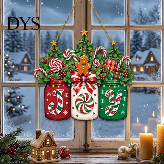 Christmas Party Door Hanger Sign, Gingerbread Candy Wooden Joy Hanging Wreath, Mason Cane Holiday Sign Jar Welcome for Front Door, Wall, Window, Porch
