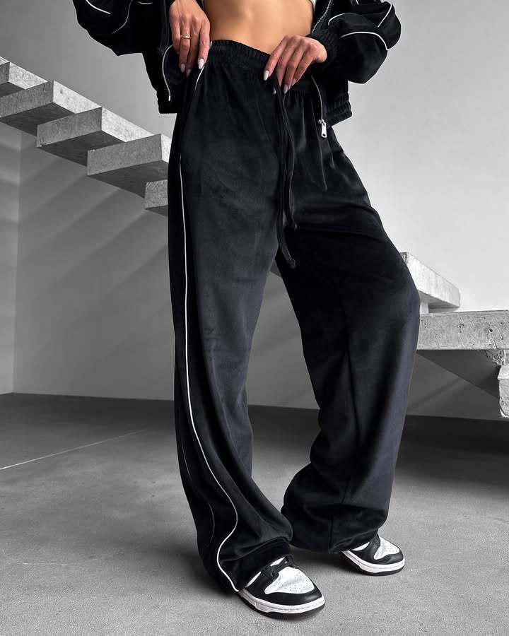 Velvet Stripe Hoodie Cardigan & Wide Leg Pants Two-Piece Set for Women