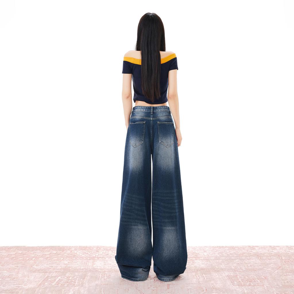 American retro jeans women's autumn new high waist and thin washed old design wide leg trousers