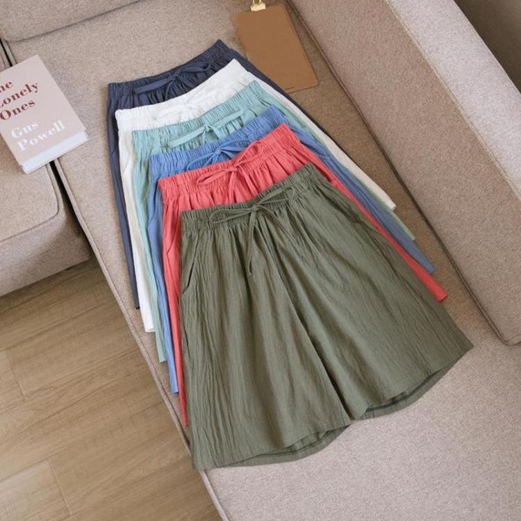 Women's Summer Casual Cotton Linen Shorts with Elastic Waist and Drawstring Comfortable Wide Leg Solid Color Beach Pants