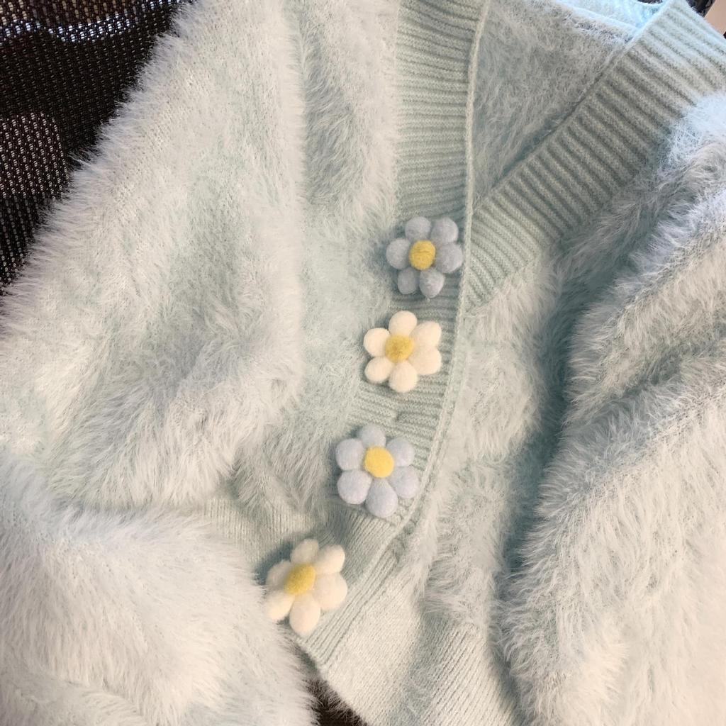 Frühlings- und Herbst-Strickjacke Imitation Nerzfell Pullover Süße Bonbonfarbe Blumenmuster Modischer Kleiner Einfall Temperament Damenmantel