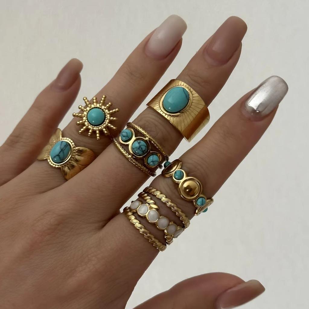 New Design Natural Stone Stainless Steel Rings for Women Men Vintage Geometric Sun Stackable Finger Ring Waterproof Jewelry