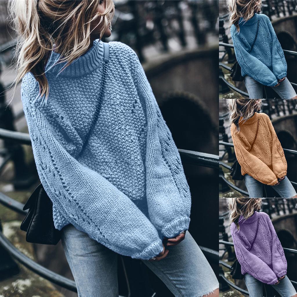 Fashion Women Solid Color Round Neck Sweater Long Sleeve Pullover Sweater Casual Tops