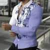 Camisa de Hombre con Cuello Estampado Floral de Rama Gradiente Blanco Rosa Manga Larga Botones