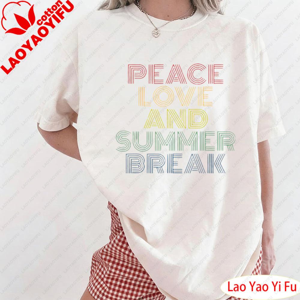 Peace Love and Summer Break Summer Lover TShirt Retro Fashion Summer Beach Vacation Clothes Ladies Casual Wear Women Clothing