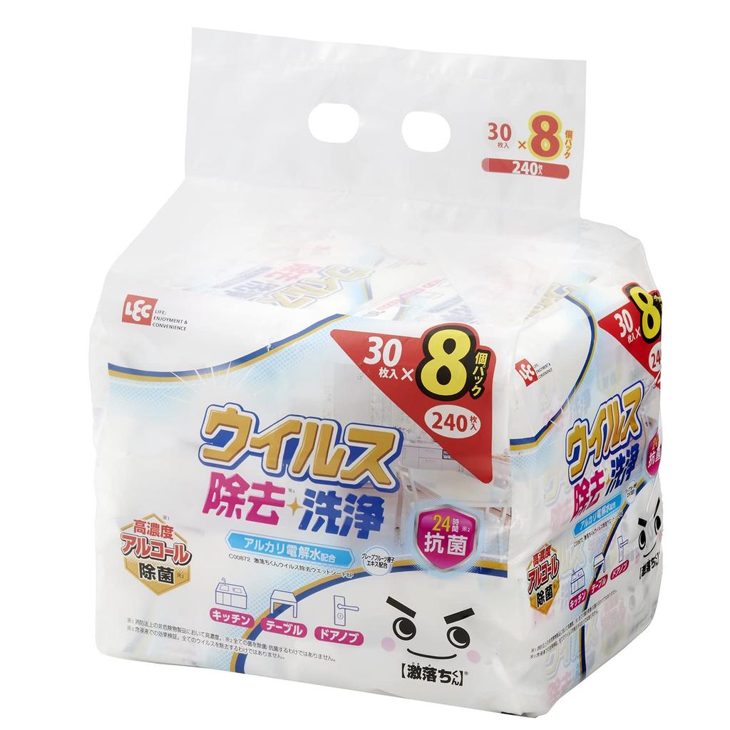 LEC Gekiochikun Virus Cleansing Wet 30 Sheets Antibacterial Formulated with Alkaline Electrolyzed and Grapefruit Seed Extract Removal, Disinfecting,
