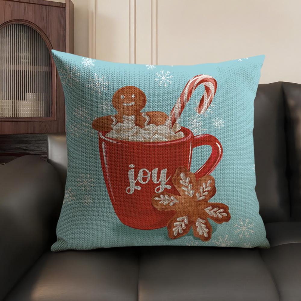 Christmas Pink Gingerbread Cushion Cover Natural Linen Organic Fabric Double-Sided Printing Sofa Home Decor Gift Pillow Case
