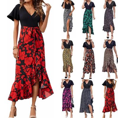 Women Summer Long Dresses Short Sleeve V Neck Boho Floral Print Tie Waist High Low Ruffle Cocktail Maxi Dress