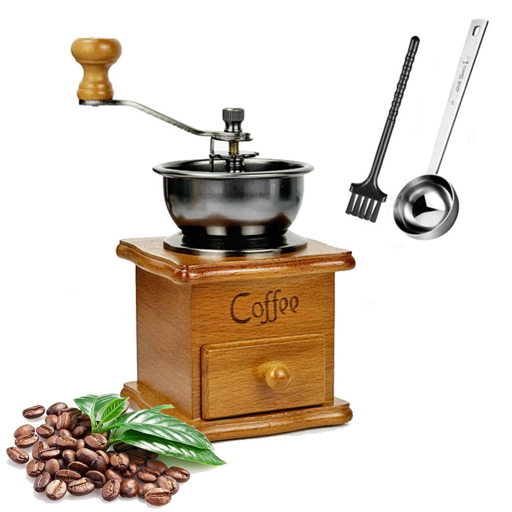 

Portable Wooden Coffee Mill with Ceramic Mortar, 304 Steel Spoon and Brush Included, Compact, Lightweight, Portable, Easy to Clean, and Adjustable