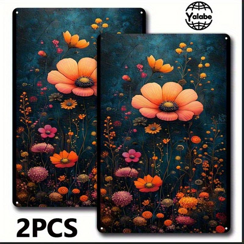 [2D Flat] Two-Piece Set of Vintage Floral Tin Paintings - Aesthetic Flower Patterns on a Dark Background, Nostalgic Metal Mural