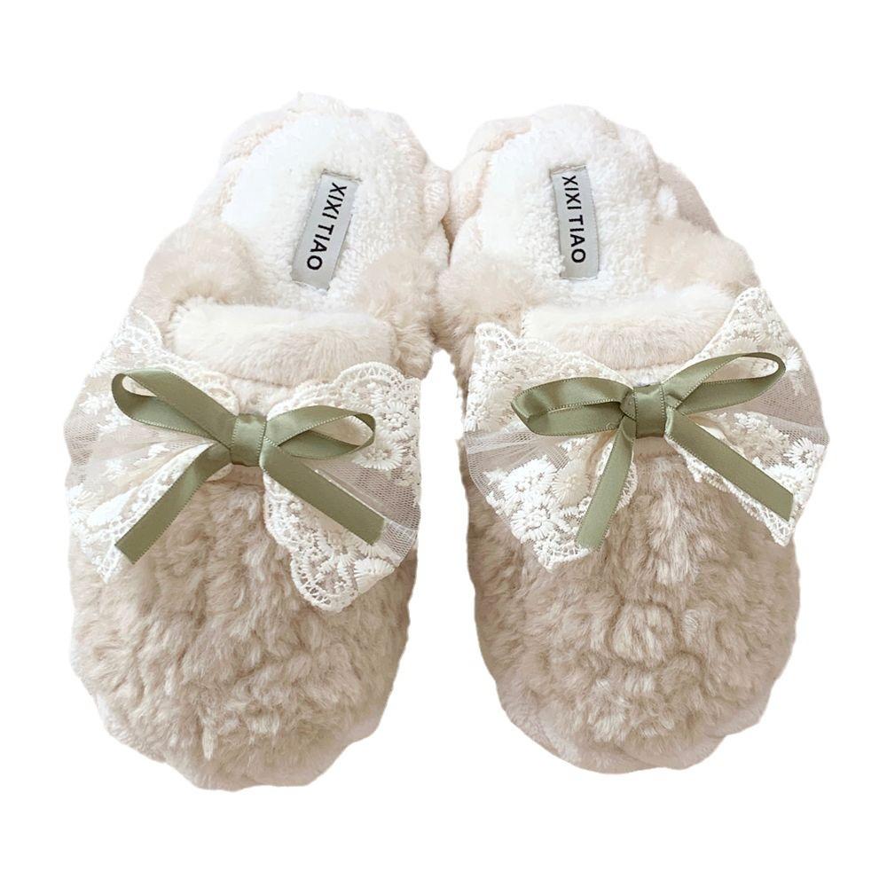 Cute Bow Fuzzy Maternity Slippers, Women Winter Non-Slip House Cotton Shoes