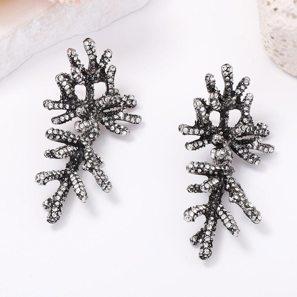 Fashion Trend Niche Alloy Full Diamond Coral Earrings Temperament Advanced Simple Versatile Women's Earrings