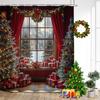 Red Christmas Shower Curtain Xmas Trees Gift Window Winter Forest Scenery New Year Home Wall Hanging Bathroom Decor With Hooks