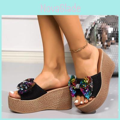 Summer Womens Flip Flops With Glitter Butterfly Bow Pu Rubber Sole Casual Flat Sandals For Large Sizes