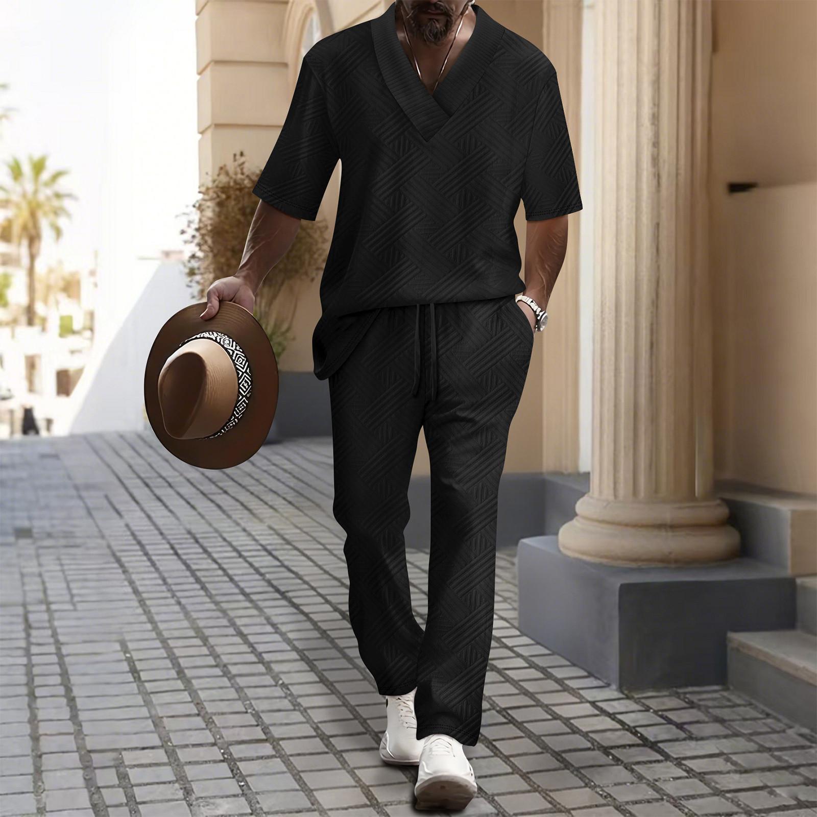 

Мужской однотонный повседневный комплект из двух предметов с короткими рукавами и воротником M чёрный