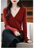 Women's Elegant V-Neck Wool Sweater: Autumn/Winter Fashion Long Sleeve Knitwear with Drawstring.
