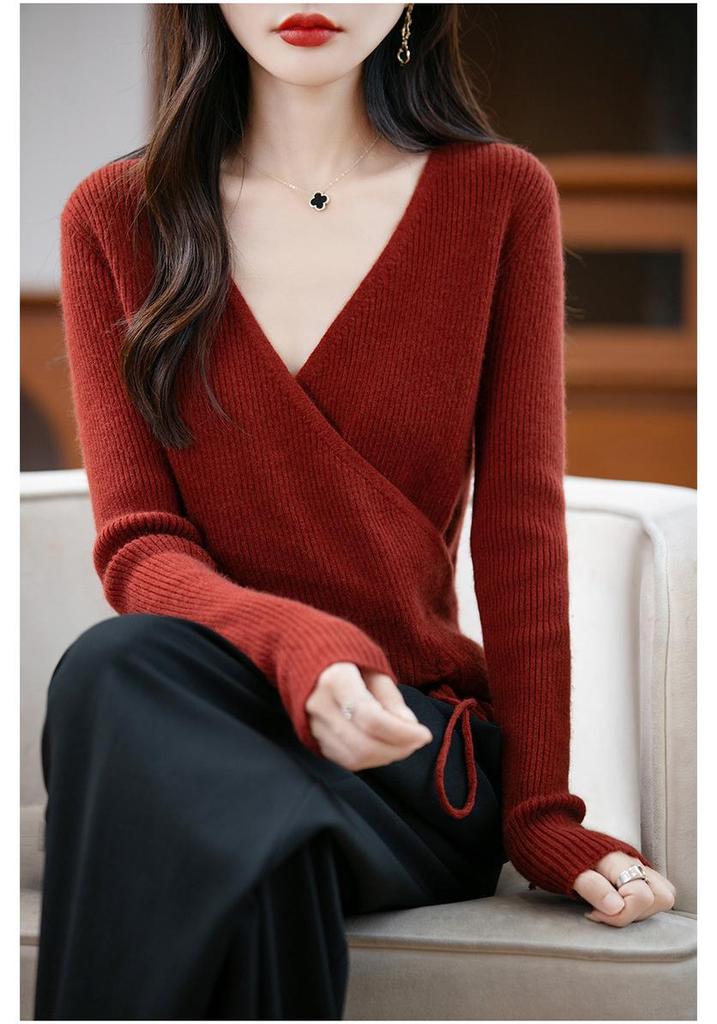 Women's Elegant V-Neck Wool Sweater: Autumn/Winter Fashion Long Sleeve Knitwear with Drawstring.