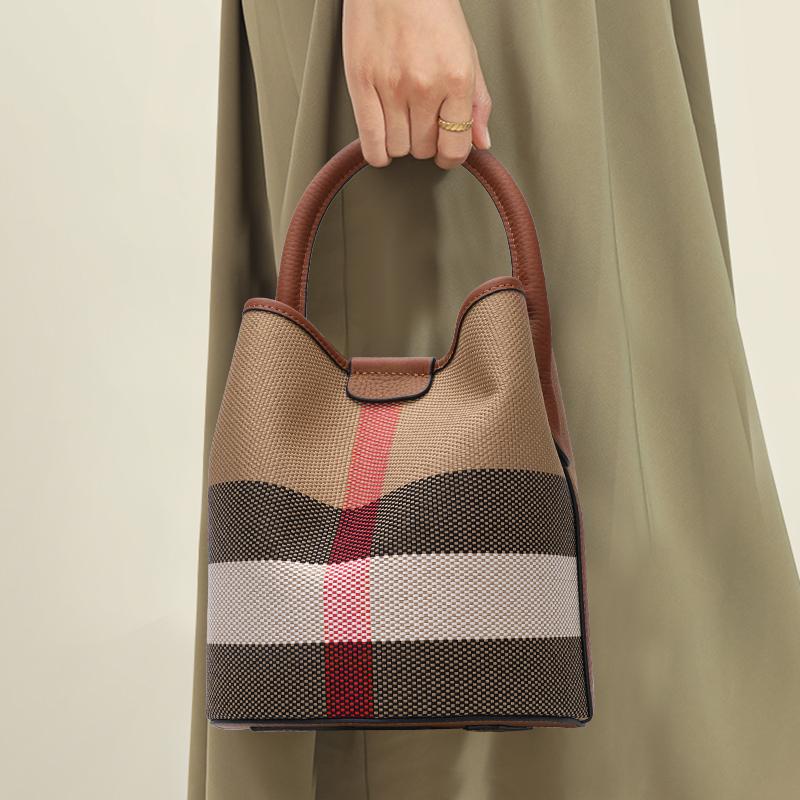 

New Premium Canvas with Genuine Leather Women s Bag Fashion Versatile Cylinder Handheld One Shoulder Crossbody