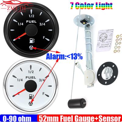 0-90 Ohm Fuel Level Sensor+52mm Fuel Level Gauge with Warning 7 Color Backlight Oil Meter Indicator for Marine Boat Yacht 12V24V