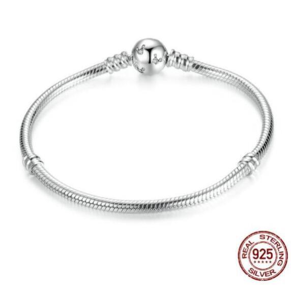 925 Silver Moments Signature Clasp Crystal Snake Chain Bracelet Bangle Fit Bead Charm Jewelry